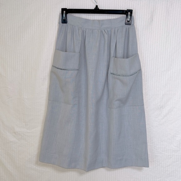Vintage JR Bentley Light Gray Patch Pocket A-Line Midi Skirt - Size 9/10 - Picture 3 of 10